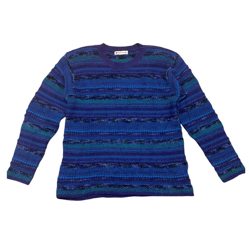 Vintage Appleseed's Medium Sweater Textured Knit Blue Purple Striped 90s EUC‎
